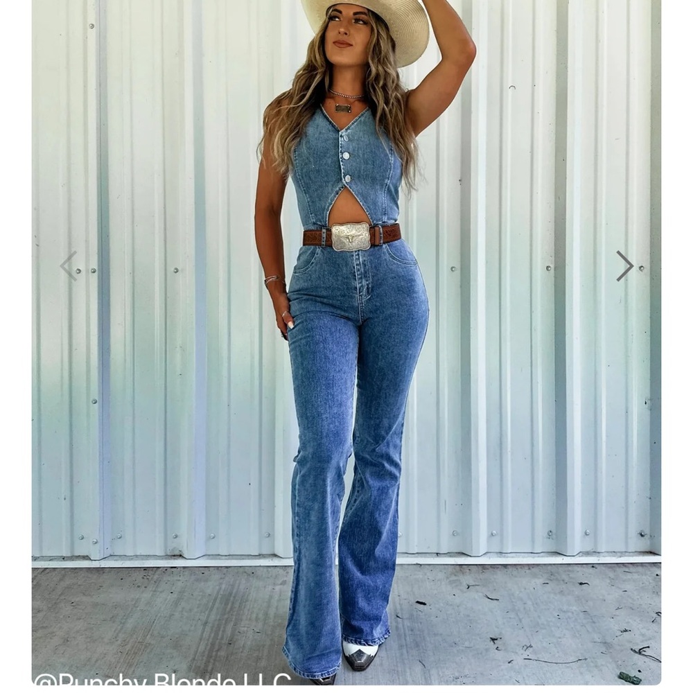 Women's Blue Denim Flare Jumpsuit